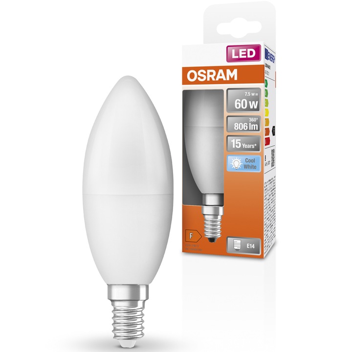 Bec LED Osram Star, B60, E14, 7.5W (60W), 806 lm, lumina neutra (4000K), clasa energetica F