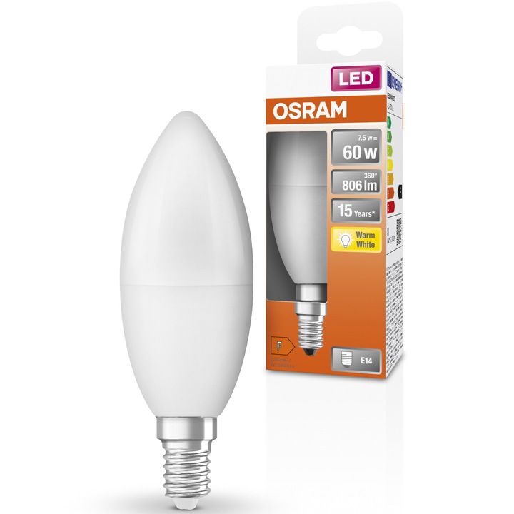Крушка LED Osram Star, B60, E14, 7.5W (60W), 806 лумена, Топла светлина (2700K), Енергиен клас F