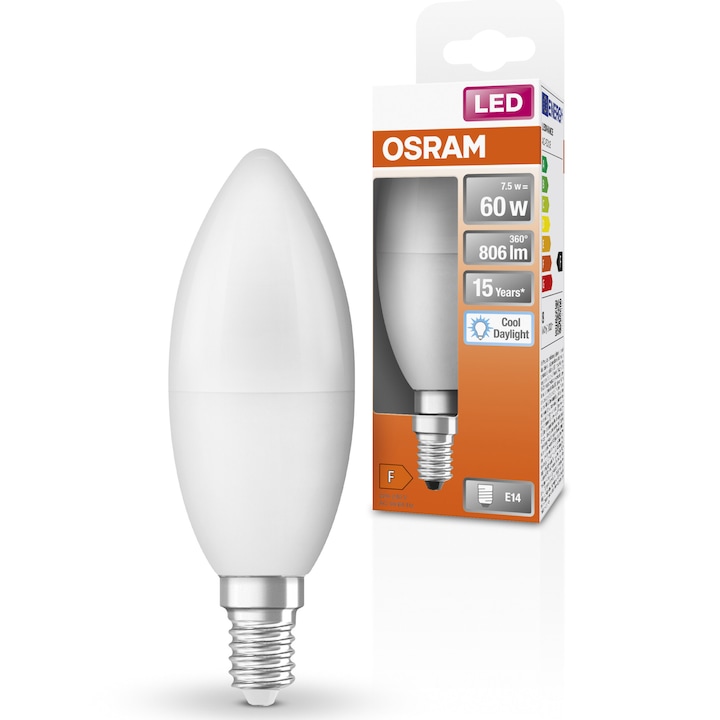 Крушка LED Osram Star, B60, E14, 7.5W (60W), 806 лумена, Студена светлина (6500K), Енергиен клас F