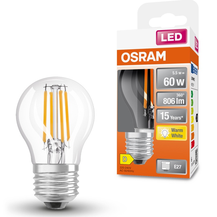 Крушка LED Osram Star filament, P60, E27, 5.5W (60W), 806 лумена, Топла светлина (2700K), Енергиен клас D