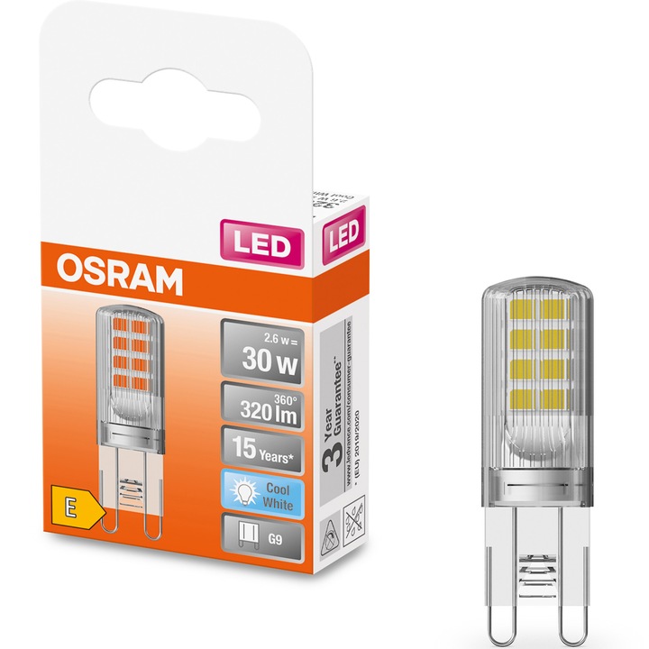 Bec LED Osram PIN G9, 2.6W (30W), 320 lm, lumina neutra (4000K), clasa energetica E