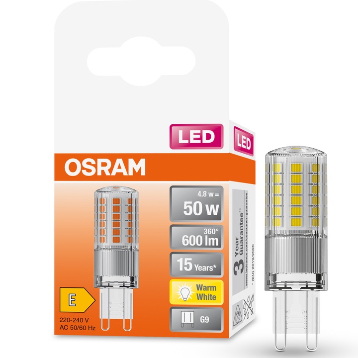 Крушка LED Osram PIN G9, 4.8W (50W), 600 лумена, Топла светлина (2700K), Енергиен клас E