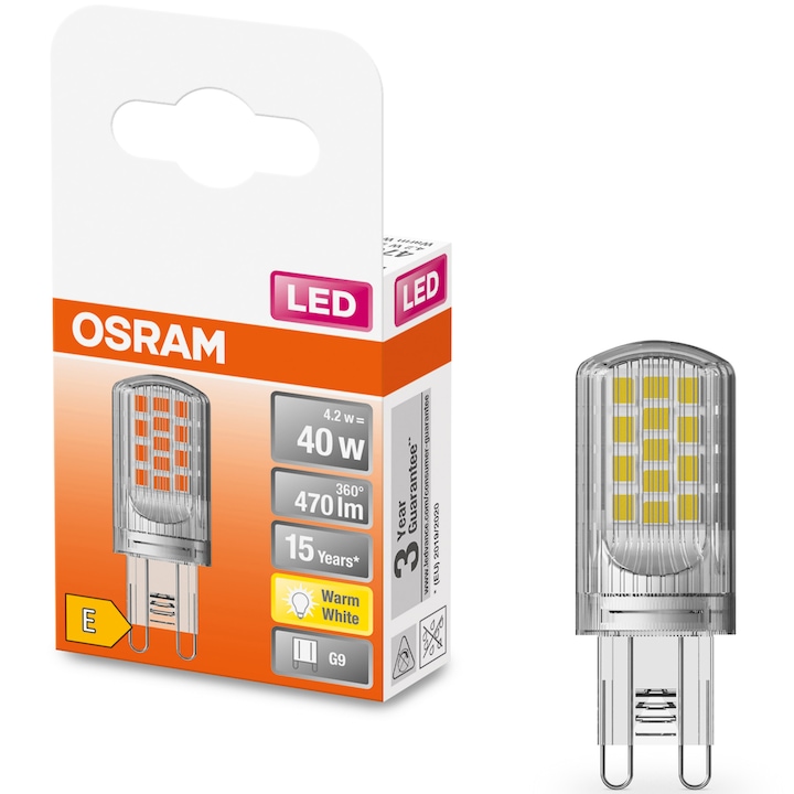 Крушка LED Osram PIN G9, 4.2W (40W), 470 лумена, Топла светлина (2700K), Енергиен клас E