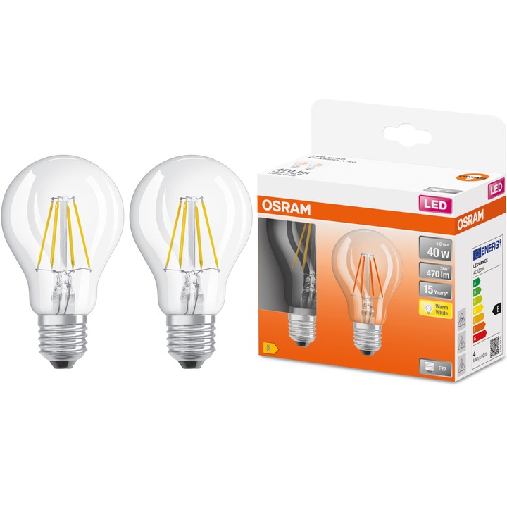 Комплект 2 крушки LED с нажежаема жичка Osram Star, A40, E27, 4W (40W), 470 lm, Топла светлина (2700K), Енергиен клас E