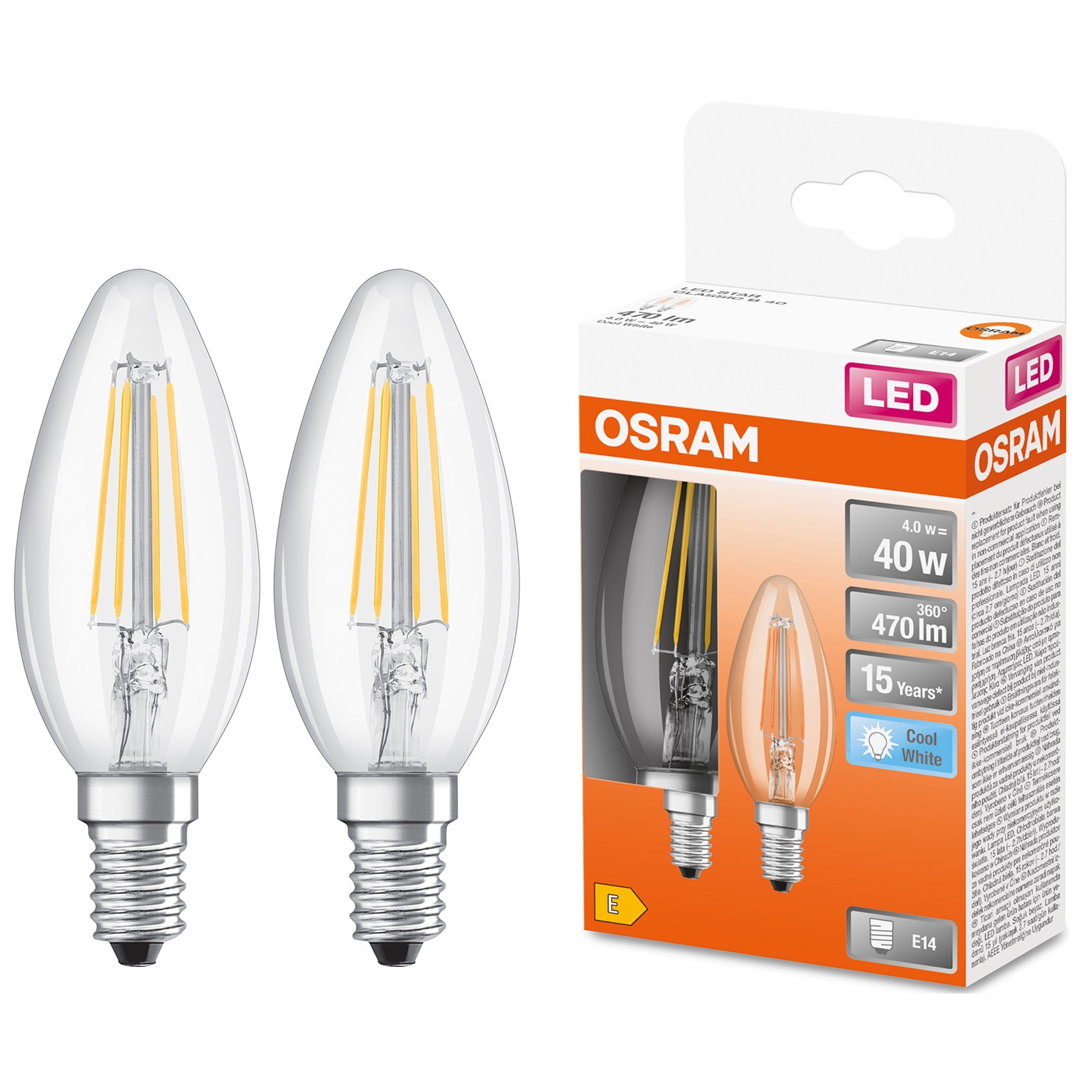 Set 2 becuri LED Osram Star filament, B40, E14, 4W (40W), 470 lm, lumina neutra (4000K), clasa energetica E