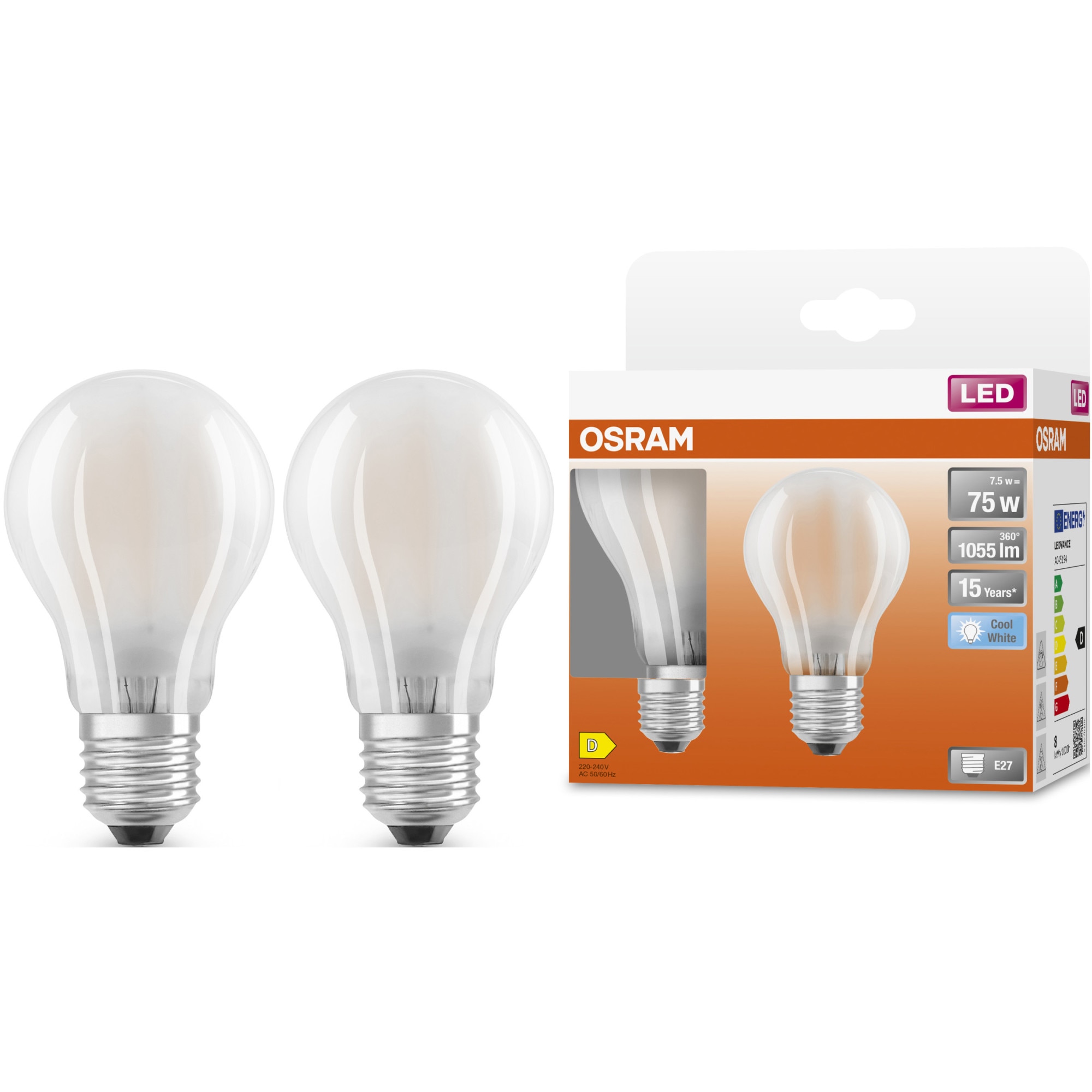 Set 2 becuri LED Osram Star, A75, E27, 7.5W (75W), 1055 lm, lumina neutra (4000K), clasa energetica D