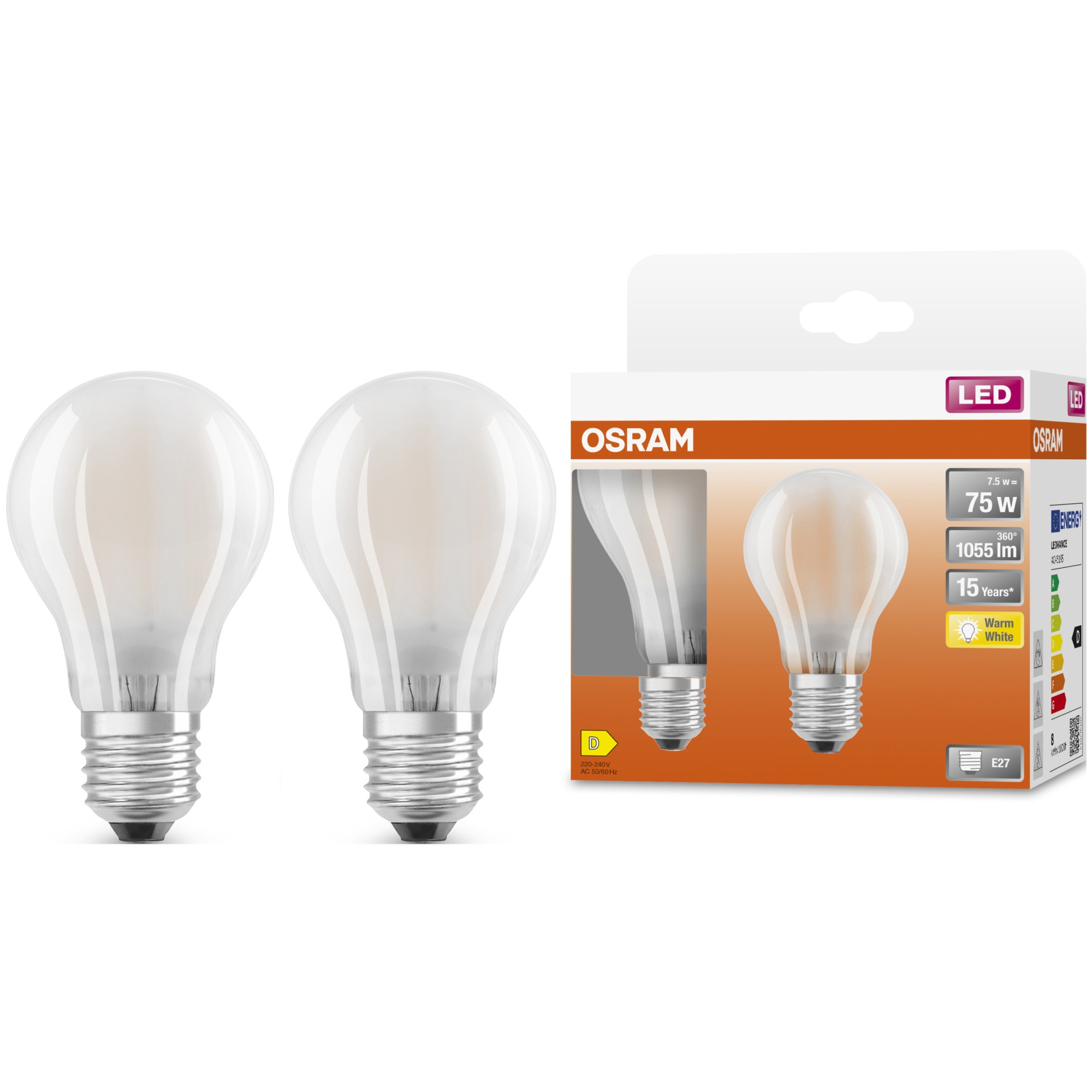 Set 2 becuri LED Osram Star, A75, E27, 7.5W (75W), 1055 lm, lumina calda (2700K), clasa energetica D