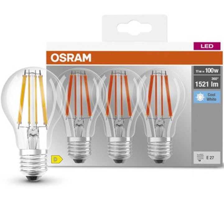 Комплект 3 крушки LED Osram Base filament, A100, E27, 11W (100W), 1521 lm, Неутрална светлина (4000K), Енергиен клас D