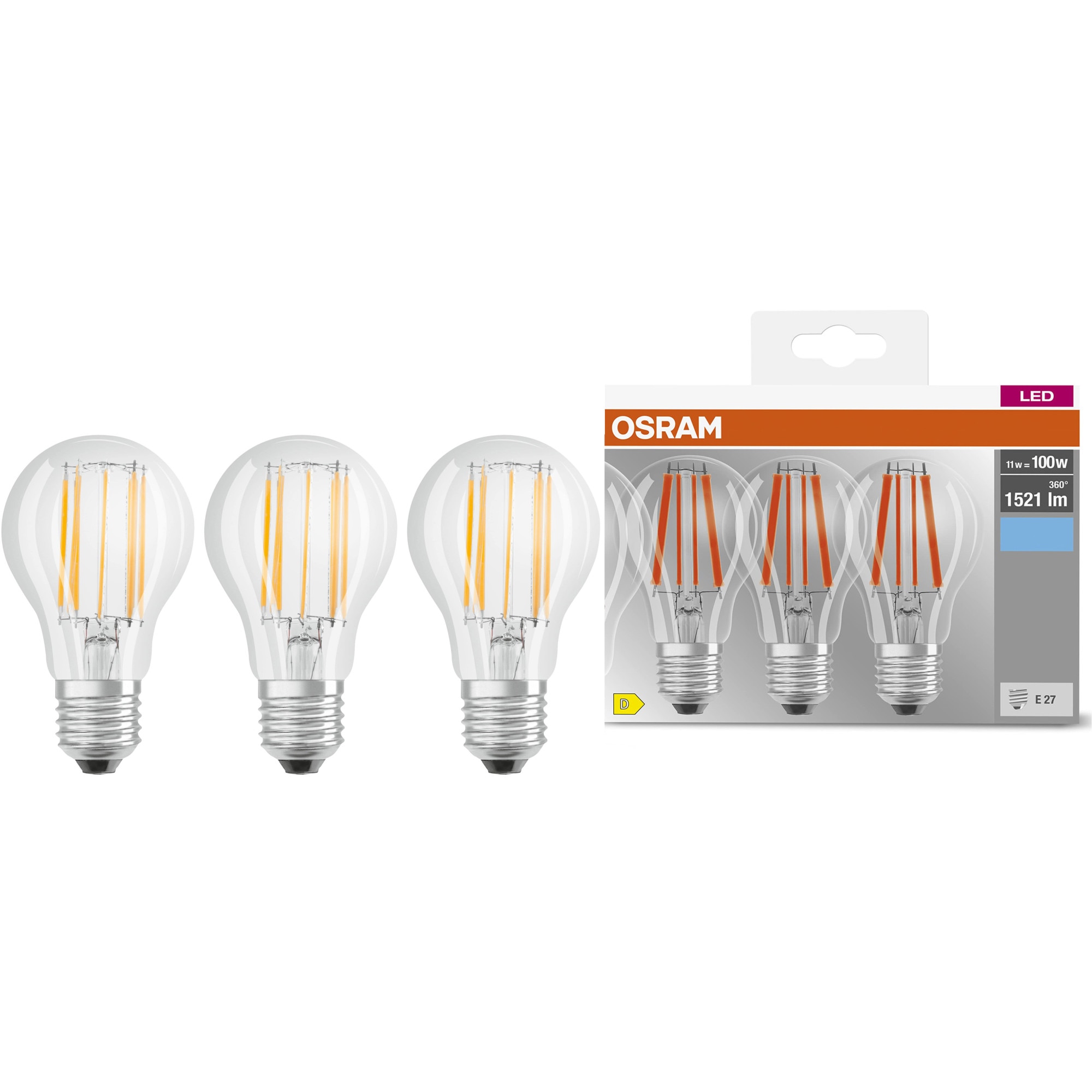 Set 3 becuri LED Osram Base filament, A100, E27, 11W (100W), 1521 lm, lumina calda (2700K), clasa energetica D