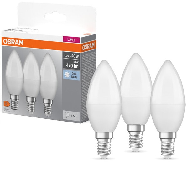 Set 3 becuri LED Osram Base, B40, E14, 4.9W (40W), 470 lm, lumina neutra (4000K), clasa energetica F