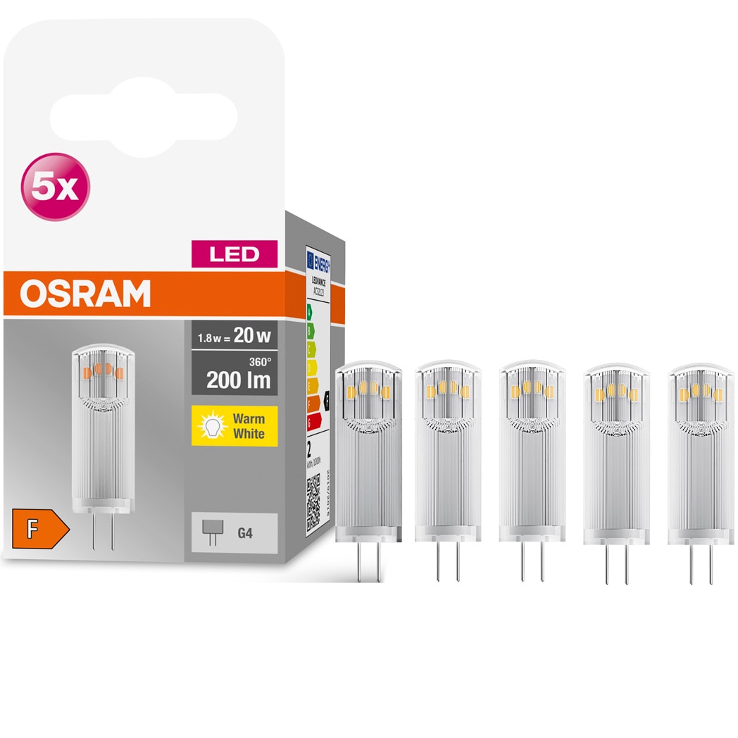 Set 5 becuri LED Osram PIN G4, alimentare 12V, 1.8W (20W), 200 lm, lumina calda (2700K), clasa energetica F
