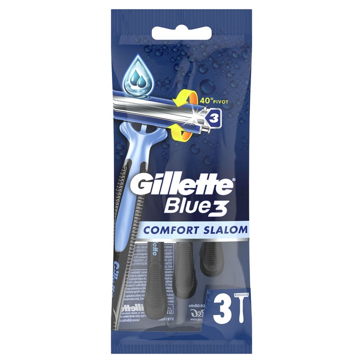 Бръснач за еднократна употреба Gillette Blue III Slalom Comfort, 3 бръснещи глави, хромирано покритие, подвижна глава 40º