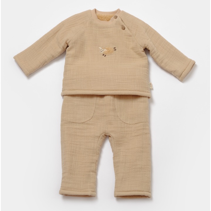 Set bluza dublata si pantaloni, Winter muselin, 100% bumbac, BabyCosy, Apricot