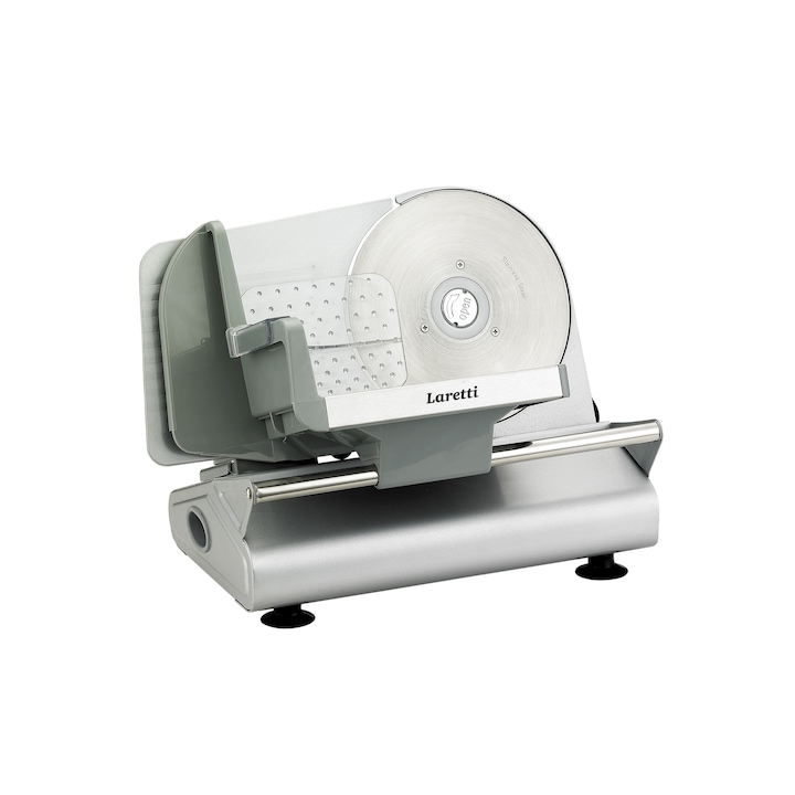 Слайсер Laretti LR-CS0159, 100W, 220-240 V, Метална основа, Острие от неръждаема стомана, Количка с предпазители за пръсти и опора, Дебелината на резена се регулира от 0 до 15 mm