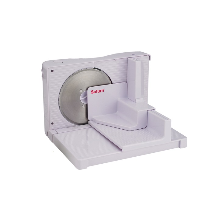 Saturn szeletelő ST-CS0164, 100W, 220-240 V, Műanyag talp, Rozsdamentes penge, Ujjvédővel és támasztékkal ellátott kocsi, A szelet vastagsága 0-15 mm között állítható, Biztonsági kapcsoló és késvédelem, Összecsukható platform