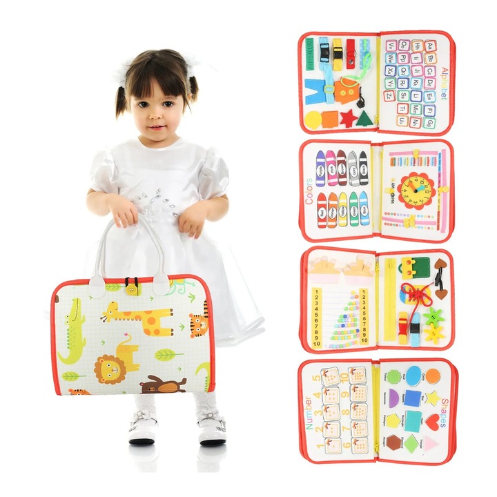 Бизиборд, Интерактивна книжка Монтесори, Занимателна игра, Дъска за учене, Развитие на фина моторика, Подарък за дете, Момче, Момиче, Рожден ден, Специални потребности, Аутизъм, Сетивни и когнитивни умения - 8 страници, 91 активности, Бял, Животни