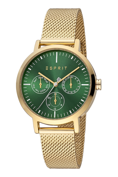 Esprit, Többfunkciós karóra hálós fémszíjjal, Aranyszín, Zöld