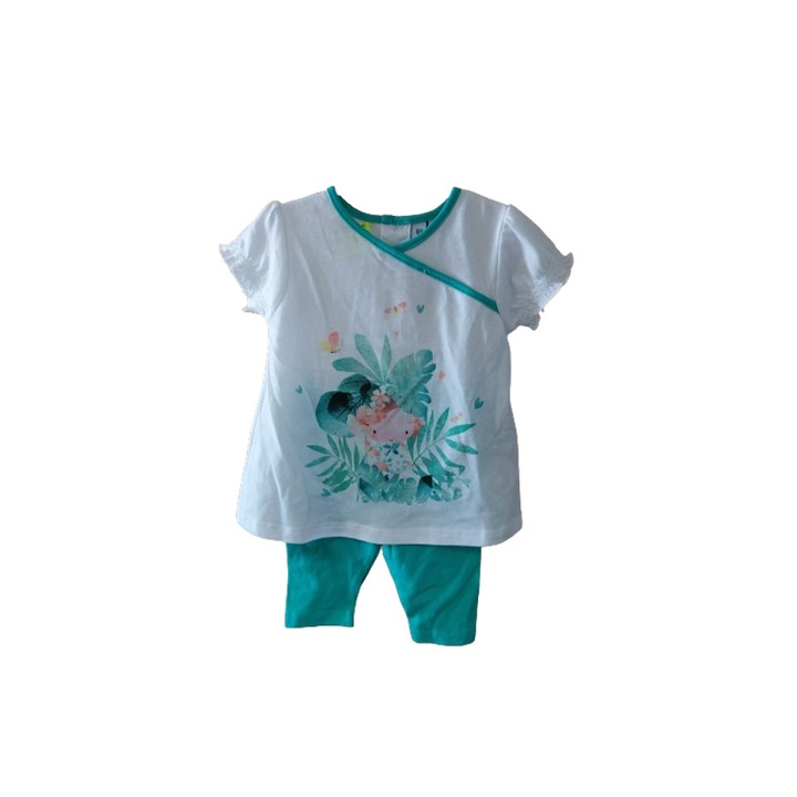 Детски комплект, Бял/Зелен, Памук, Бял