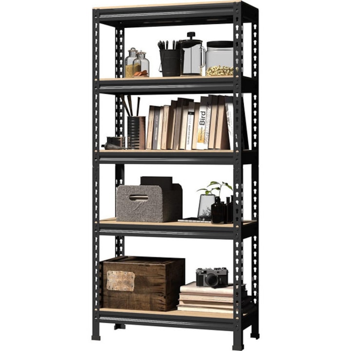 Etajera metalica pentru depozitare cu 5 polite Handlekraft® 1800x 900x 300mm, Asamblare prin clipsare, Otel/MDF, 875 kg Capacitate maxima, Negru