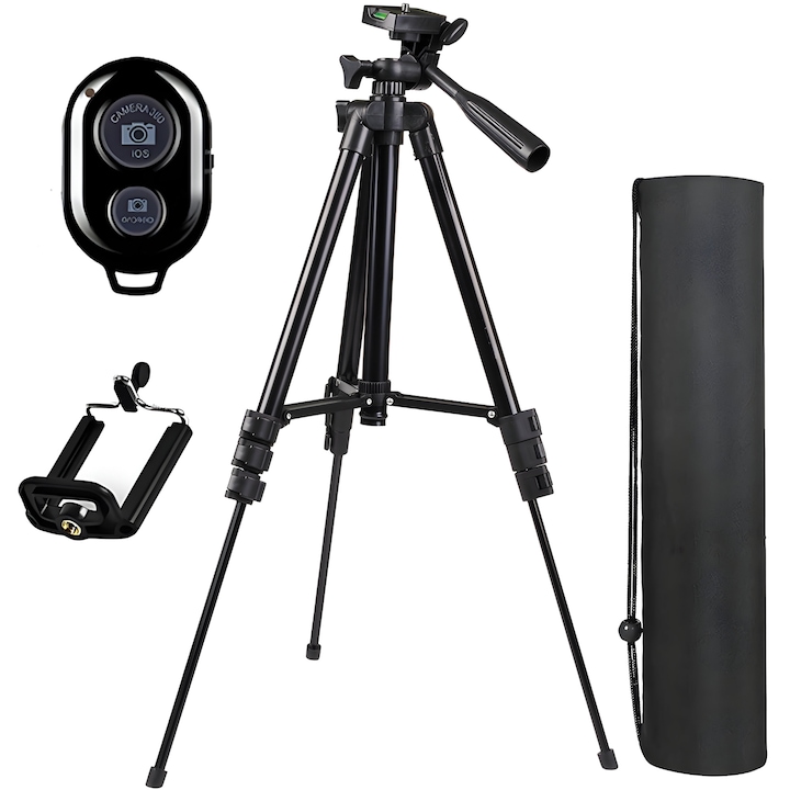 Регулируем телескопичен фото статив за телефон/камера с Bluetooth дистанционно управление, универсален, регулируем, H35-128 см, включен капак, черен