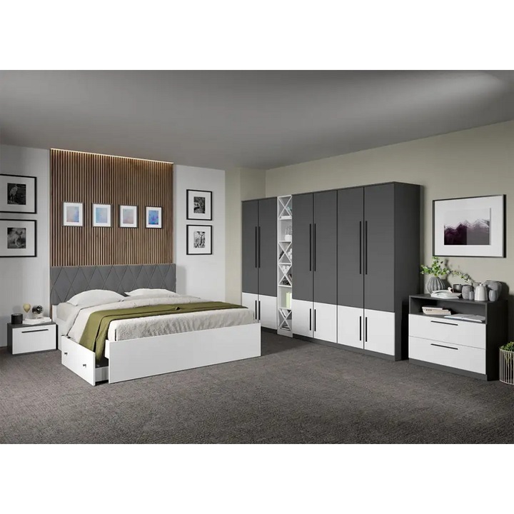Set dormitor, Gri cu Alb, Sidney, C59, Pat 160x200, Dulap, Comoda, Noptiere, Corp Polite
