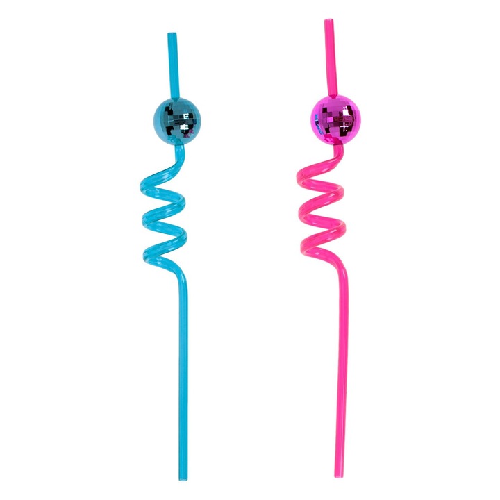 Set 2 paie reutilizabile din plastic Shopiens®, spiralate, colorate cu mingi disco, 6 x 270 mm