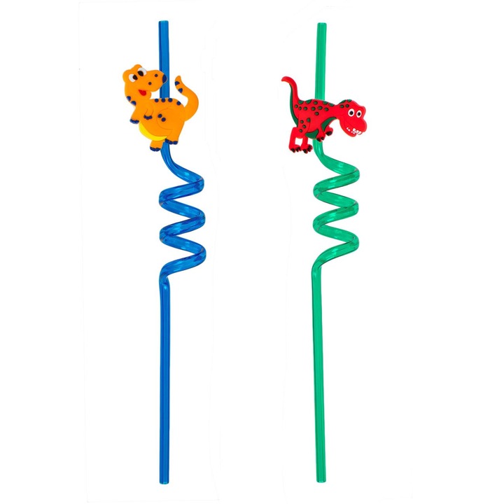 Set 2 paie reutilizabile din plastic Shopiens®, spiralate, verde si albastru cu figurine de dinozauri, 6 x 270 mm