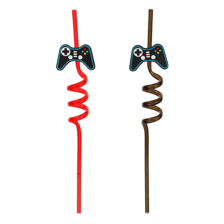 Set 2 paie reutilizabile din plastic Shopiens®, rasucite, negru rosu cu model Game, 6 x 270 mm