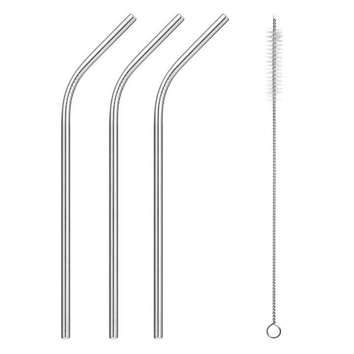 Set 3 paie reutilizabile din otel inoxidabil Shopiens®, curbate, argintii cu perie de curatare, 6 x 215 mm