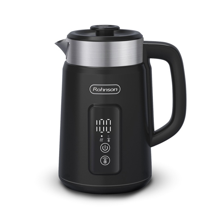 Fierbator electric Rohnson R7800, 2200 W, 1, 5 L, 7 setari de temperatura, perete dublu, baza pivotanta 360°, oprire automata, protectie supraincalzire, functie pastrare la cald, filtru metalic, protectie fierbere uscata, Negru