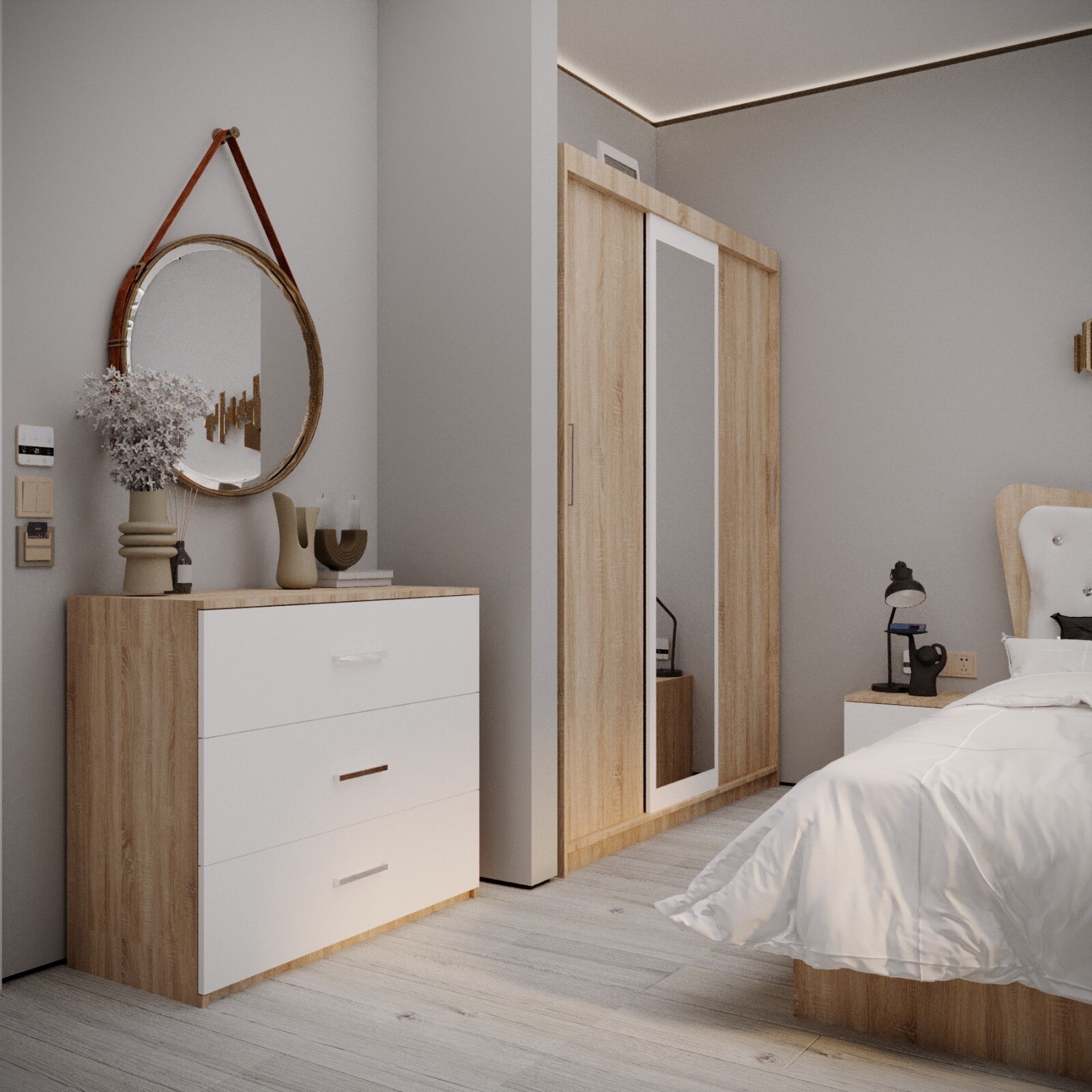 Dormitor Vista Tapitat Sonoma Dressing in 3 usi cu oglinda - eMAG.ro