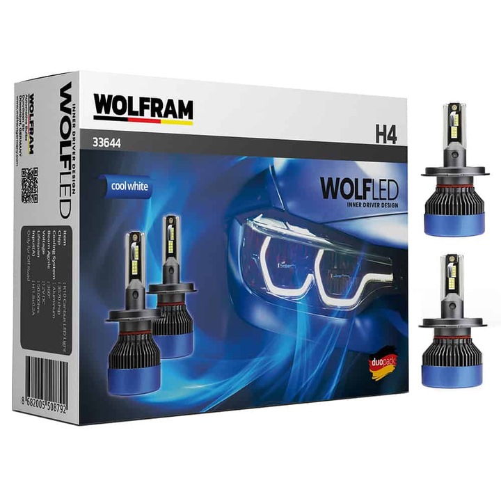 Set 2 becuri LED H4 omologate ECE E57 75W 11000K 6000LM CANBUS WOLF LED Wolfram