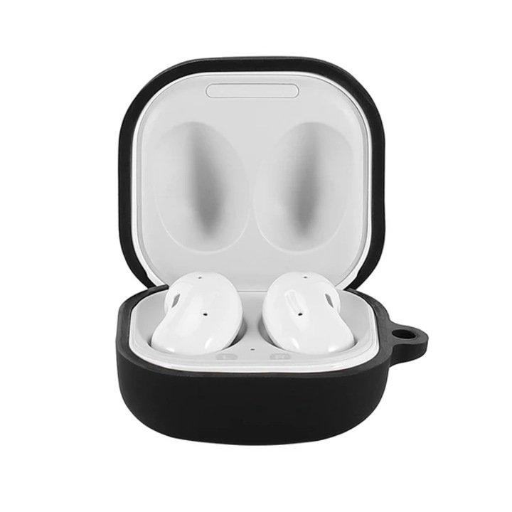 Samsung Galaxy Buds FE / 2 Pro / 2 / Live / Pro készülékkel kompatibilis GERICOM szilikon tok, ütés- és karcálló, karabinerrel, fekete