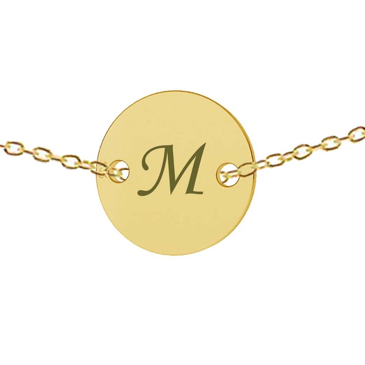 Lant argint 925 placat cu aur de 24k, 50 cm, banut gravat litera M argint 925 placat cu aur de 24k, Dalimag