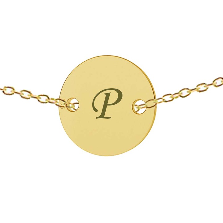 Lant argint 925 placat cu aur de 24k, 50 cm, banut gravat litera P argint 925 placat cu aur de 24k, Dalimag