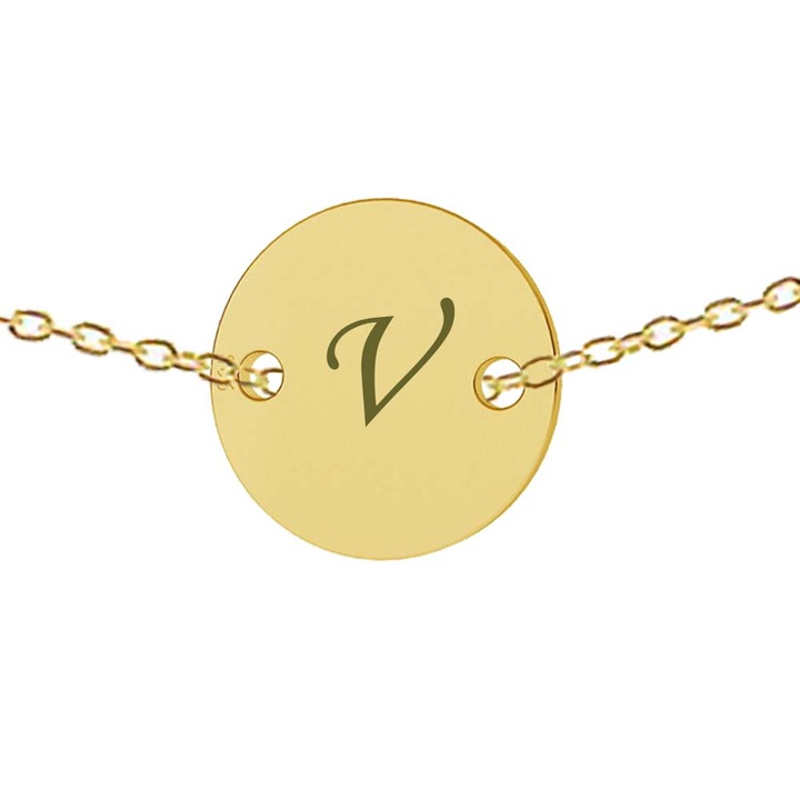 Lant argint 925 placat cu aur de 24k, 50 cm, banut gravat litera V argint 925 placat cu aur de 24k, Dalimag