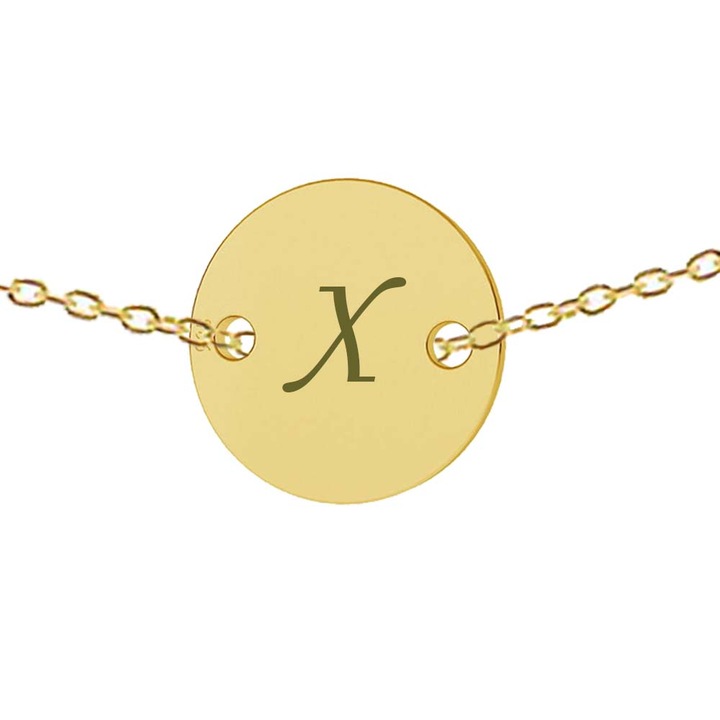 Lant argint 925 placat cu aur de 24k, 50 cm, banut gravat litera X argint 925 placat cu aur de 24k, Dalimag