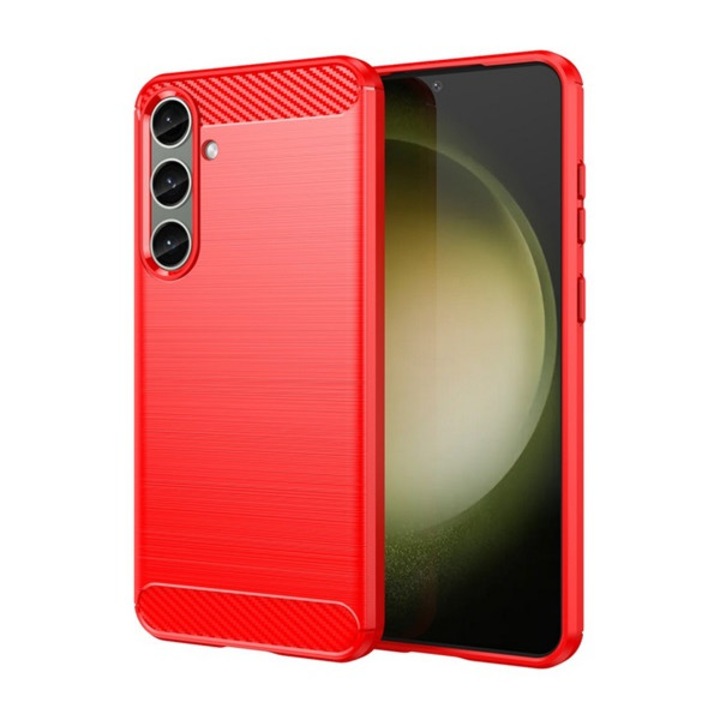 Gigapack szilikon mobiltelefon tok, ütésállóság, légpárnás sarok, szálcsiszolt, karbon minta, piros, kompatibilis: Samsung Galaxy S24 Plus, SM-S926