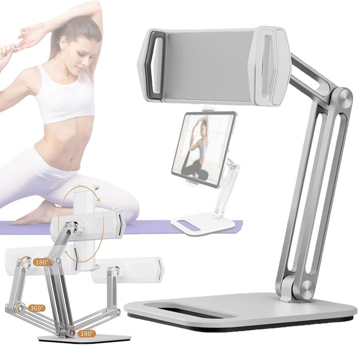 Suport de birou pentru tableta, MOSMAOO®, Suport dispozitiv cu 360°, Baza cu rotatie 180°, Monitor, telefon, IPad, Profesional, Unghi reglabil, Aluminiu, Pliabil, Argintiu