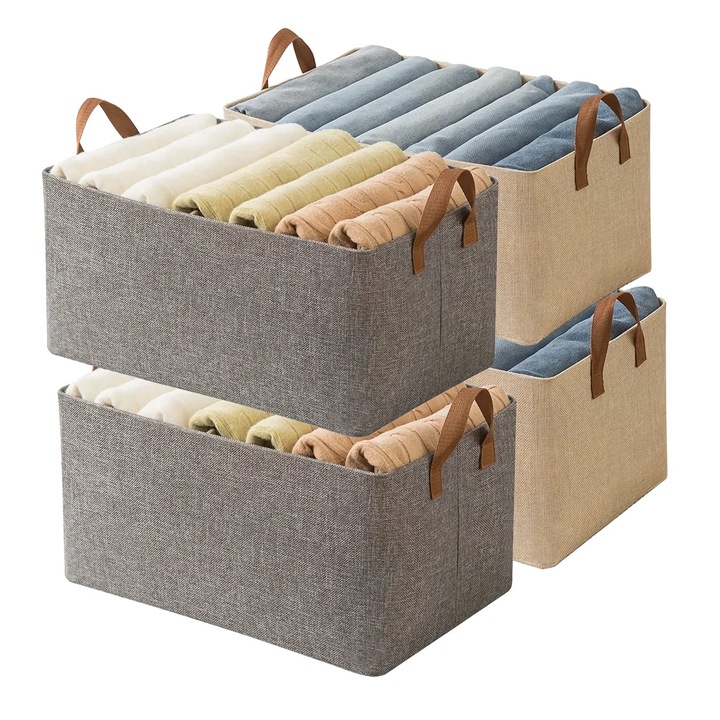 Set de 4 organizatoare de haine pentru dulap, cutie de depozitare tesatura polita de dulap Cadru de otel, cosuri de depozitare stivuitoare, cutie de depozitare dulap pliabil pentru haine jucarii, WALALLA, cadru din otel, 23 L, gri/bej