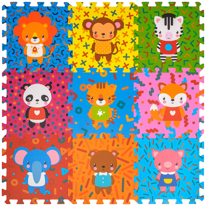 Пъзел килим FizioTab® от EVA пяна, 9 части, Модел Животни, 86x86 см
