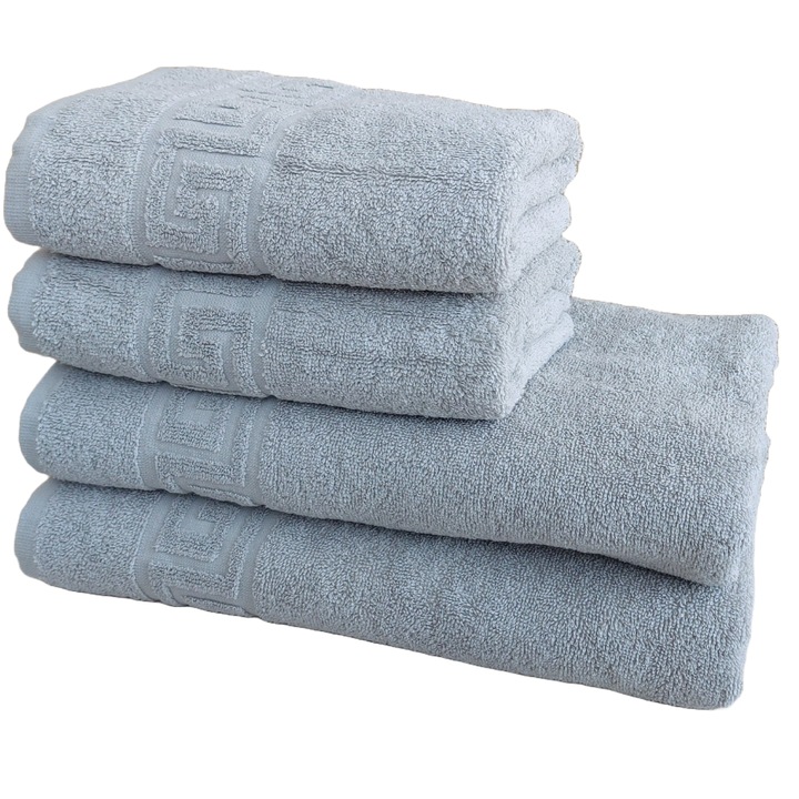 Bolyhos szállodai törölközőkészlet, 4 részes, görög modell, 100% pamut, sűrűsége 550 g/m2, szürke