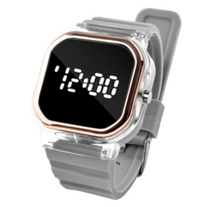 Малък квадратен дигитален часовник със силиконова каишка, устойчив на падане, сив
