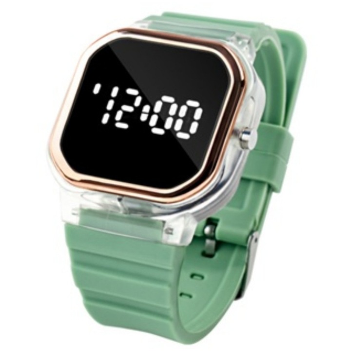 Малък квадратен дигитален часовник със силиконова каишка, устойчив на падане, зелен