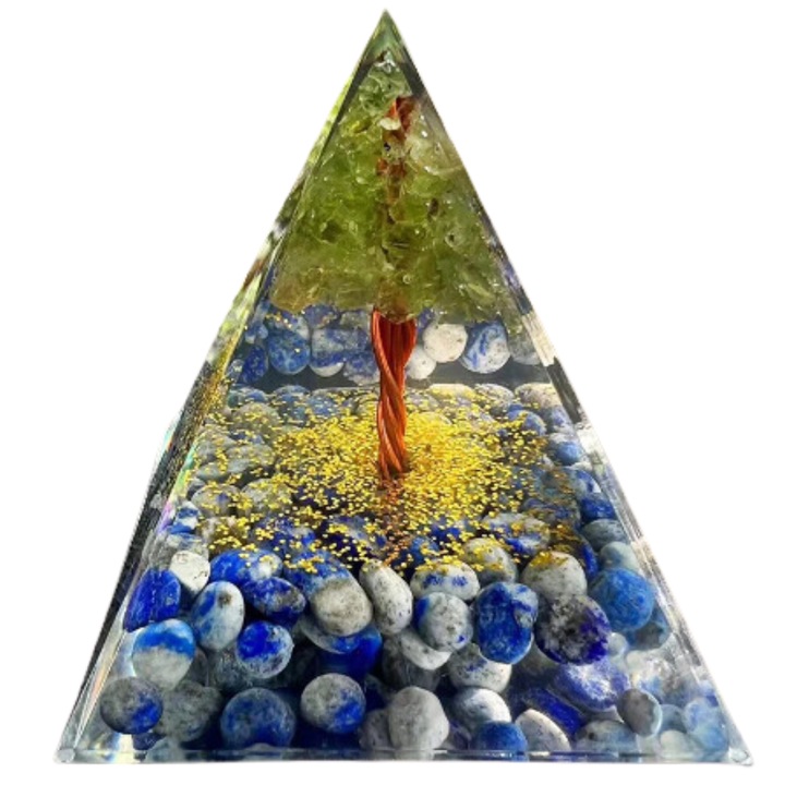 Piramida Vorbeste Sufletul din orgonit si cristale naturale de Lapis lazuli si Aventurin