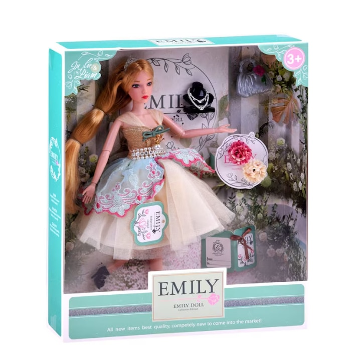 Emily baba, mozgatható ízületekkel, Loka, pénztárcával és tiarával, Krém színű, 32,5x28x6 cm