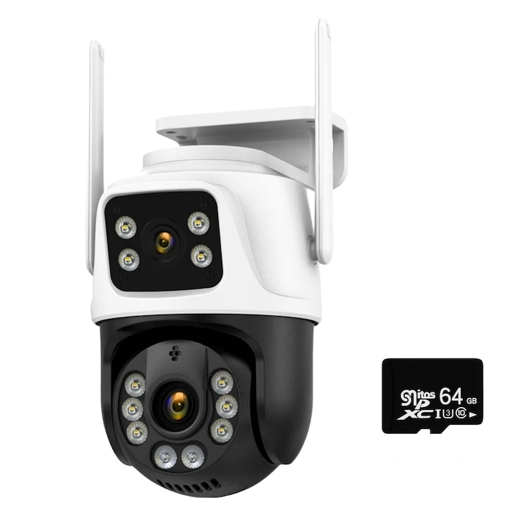 Двойна безжична камера за видеонаблюдение MOSMAOO®, 6MP, вътрешна/външна, ултра HD, 5X увеличение, двупосочна комуникация, аларма, сензор за движение, с 64 GB карта памет, Бял