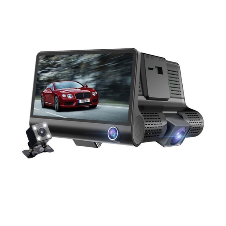 Camera Tripla ALG™ Auto 8MP 3 in 1 + camera spate inclusa, Full HD 1080p, asistenta parcare, 3 Camere – Fata, Spate, Interior Neagra