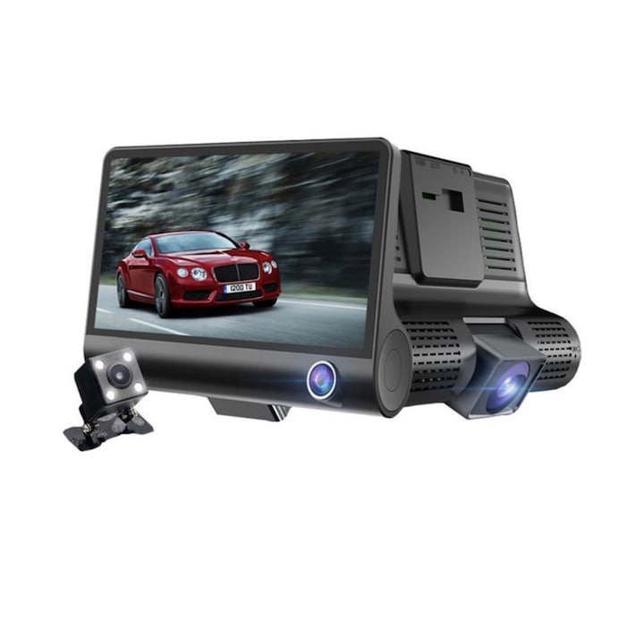 Camera Tripla ALG™ Auto 8MP 3 in 1 + Card 32GB + camera spate inclusa, Full HD 1080p, asistenta parcare, 3 Camere – Fata, Spate, Interior Neagra