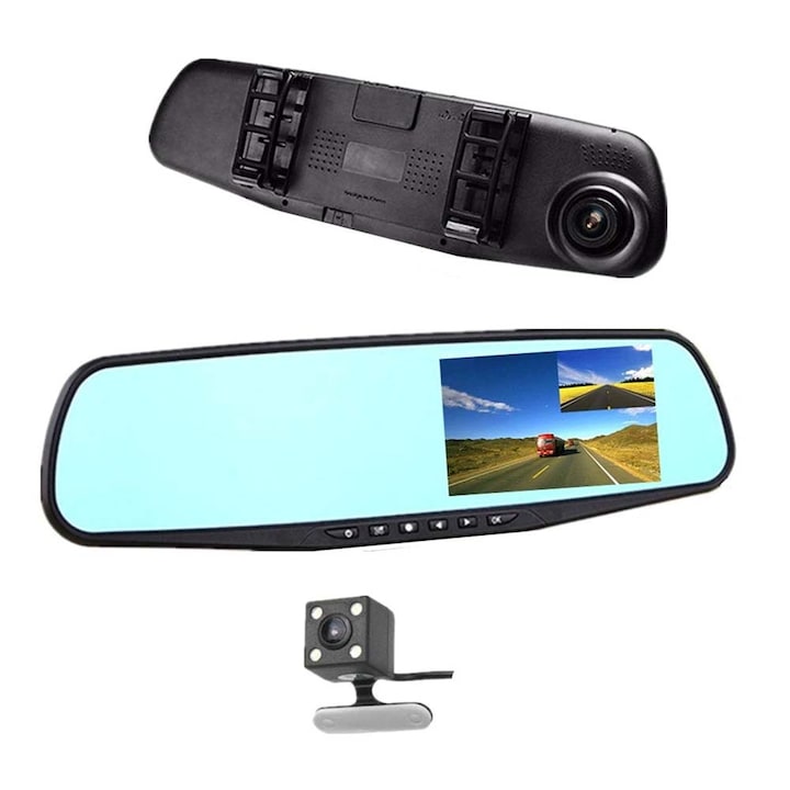 Oglinda camera auto retrovizoare dual fata/spate, ecran 4.3inch, full HD, mod parcare, G senzor, detectare miscare